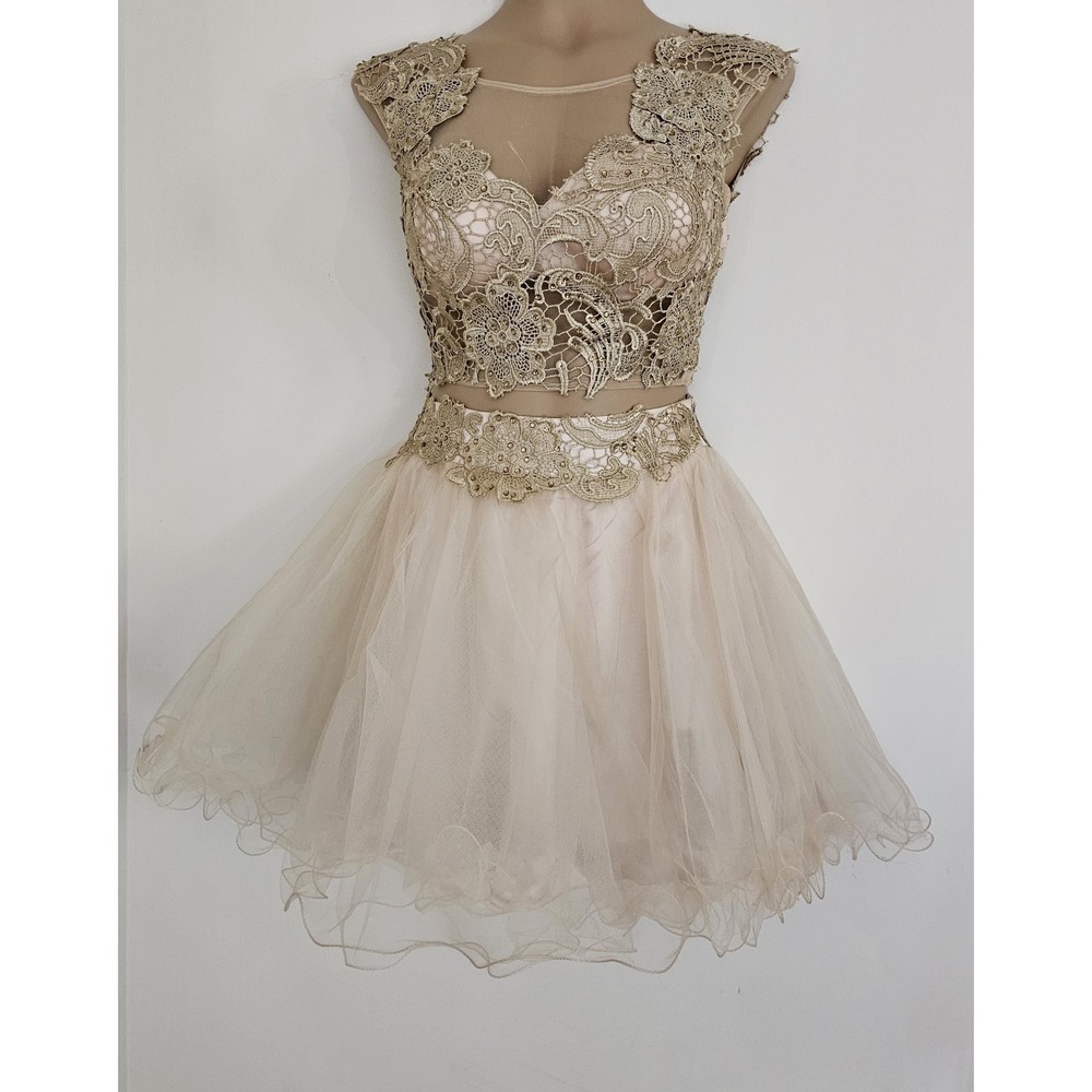 Dave & Johnny Beige Jeweled Beaded Lace Top Tulle‎ Skirt  2 Pc Dress Set Size 0